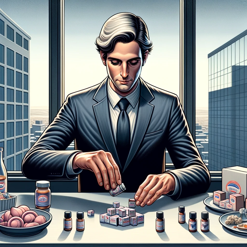 Corporate man inspecting commercial drugs